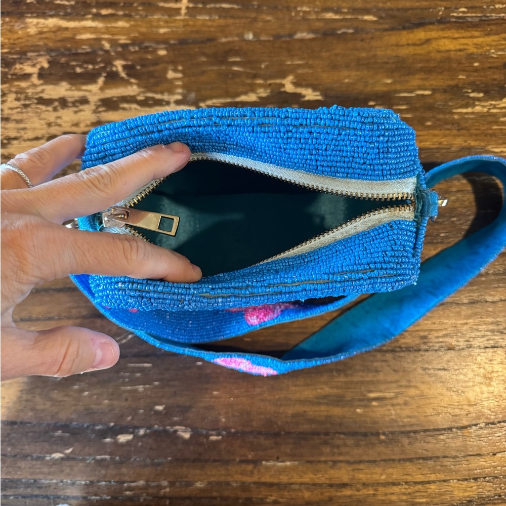 Blue Beaded Crossbody Bag with Pink Cowboy Hat Design - Picture 2 of 3
